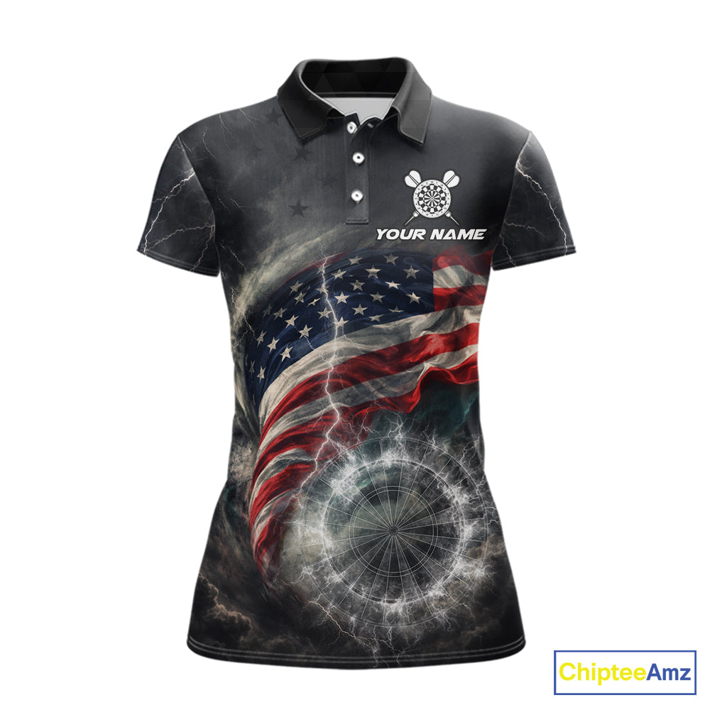 Custom American Flag Tornado White Thunder Darts Women Polo & 1/4-Zip Shirts Dart Team Jerseys NYN2807