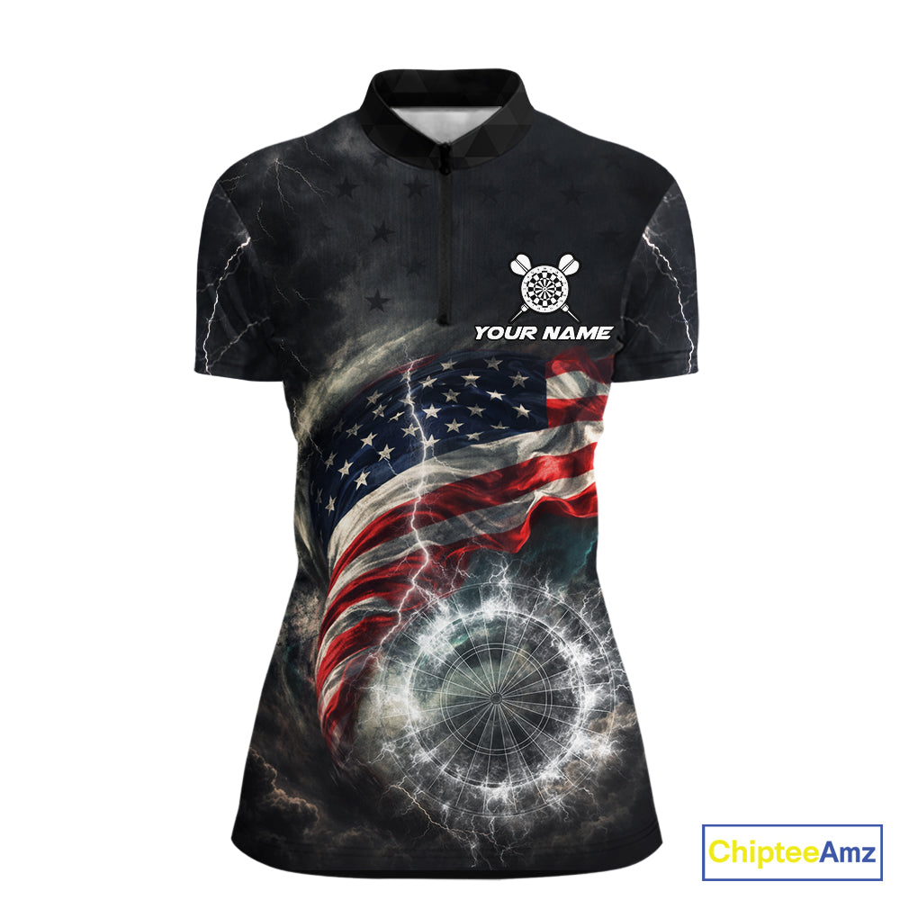 Custom American Flag Tornado White Thunder Darts Women Polo & 1/4-Zip Shirts Dart Team Jerseys NYN2807
