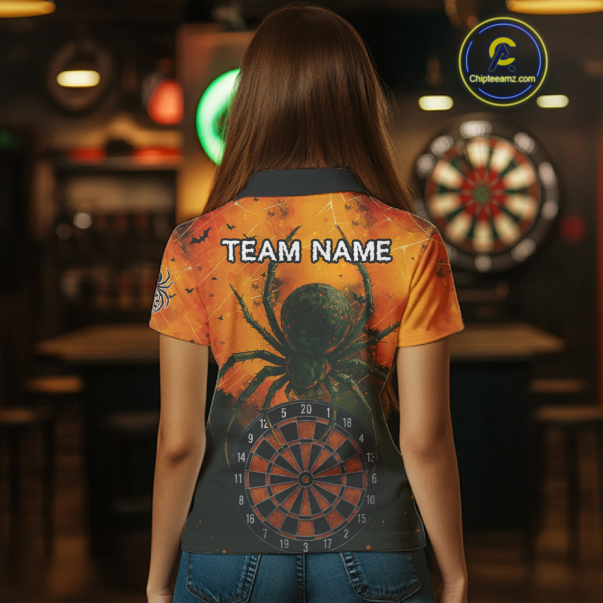 Custom Orange Spider Dartboard Halloween Dart Women Polo Shirt Grunge Dart Jerseys NYN1615