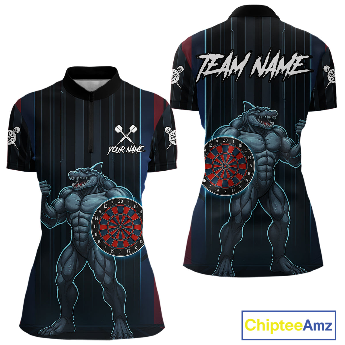 Funny Blue & Red Shark Dartboard Custom Women Darts Quarter-Zip Shirt Dart Tournament Jerseys NYN1905