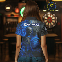Load image into Gallery viewer, Custom Grey And Blue Flames Dartboard Skeleton Dart Women Polo Shirt Dart Team Jerseys NYN1628