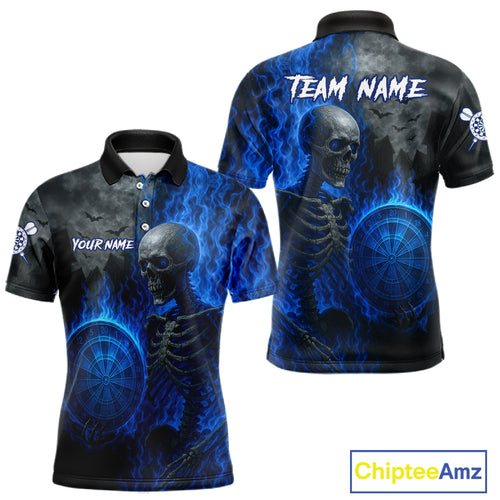Custom Grey And Blue Flames Dartboard Skeleton Dart Men Polo Shirt Dart Team Jerseys NYN1628