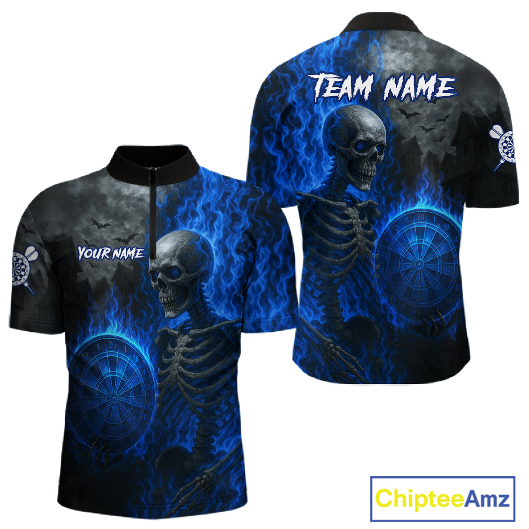 Custom Grey And Blue Flames Dartboard Skeleton Dart Men Quarter-Zip Shirt Dart Team Jerseys NYN1628