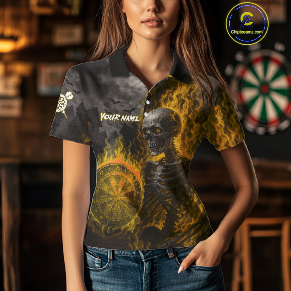 Custom Grey And Yellow Flames Dartboard Skeleton Dart Women Polo Shirt Dart Team Jerseys NYN1630