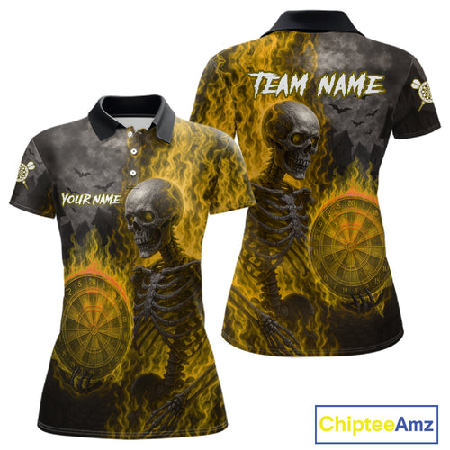 Custom Grey And Yellow Flames Dartboard Skeleton Dart Women Polo Shirt Dart Team Jerseys NYN1630
