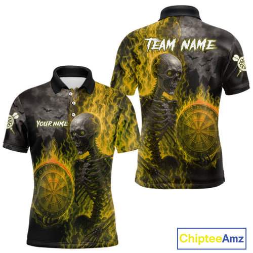 Custom Grey And Yellow Flames Dartboard Skeleton Dart Men Polo Shirt Dart Team Jerseys NYN1630