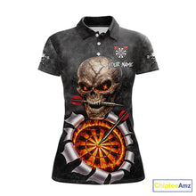 Load image into Gallery viewer, Custom Smoke Grunge Skull Torn Fire Flame Darts Polo &amp; Quarter-Zip Shirts For Women Dart Team Jerseys NYN2822