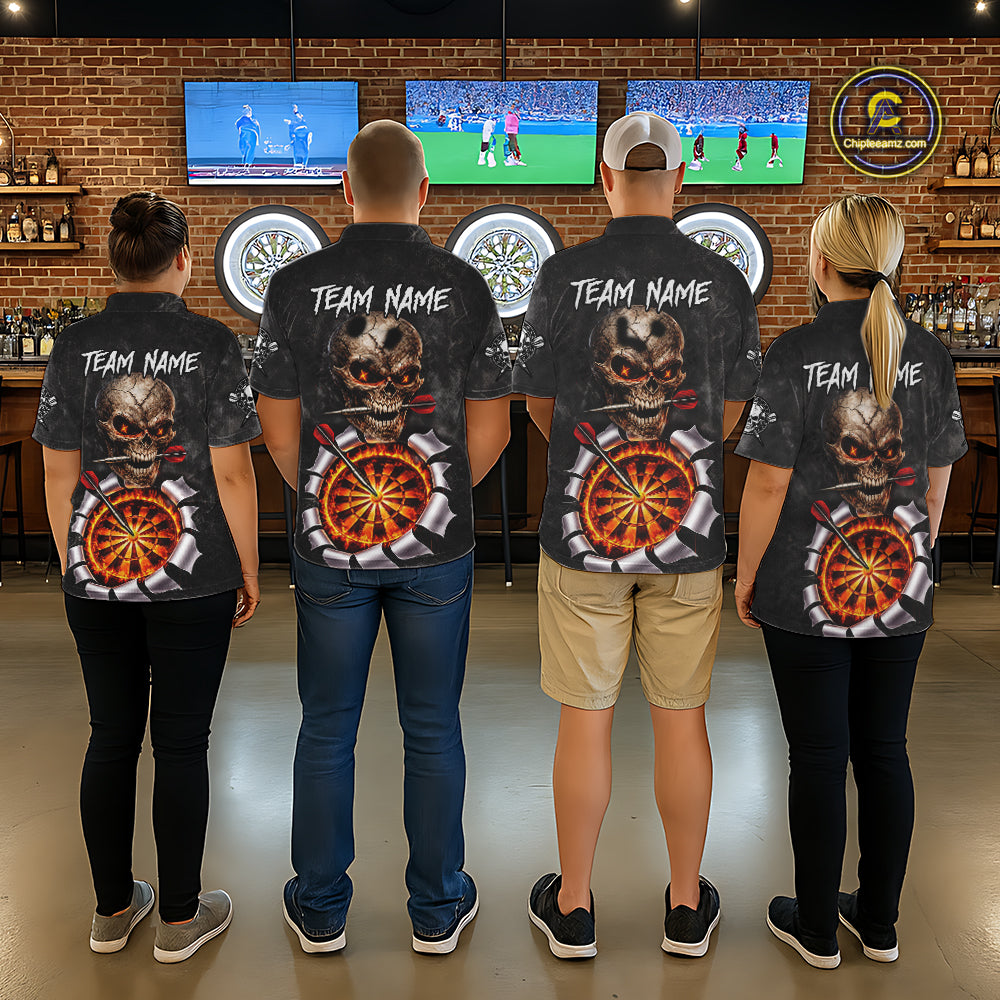 Custom Smoke Grunge Skull Torn Fire Flame Darts Polo & Quarter-Zip Shirts For Men Dart Team Jerseys NYN2822