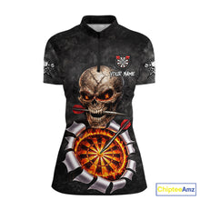 Load image into Gallery viewer, Custom Smoke Grunge Skull Torn Fire Flame Darts Polo &amp; Quarter-Zip Shirts For Women Dart Team Jerseys NYN2822