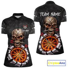 Load image into Gallery viewer, Custom Smoke Grunge Skull Torn Fire Flame Darts Polo &amp; Quarter-Zip Shirts For Women Dart Team Jerseys NYN2822