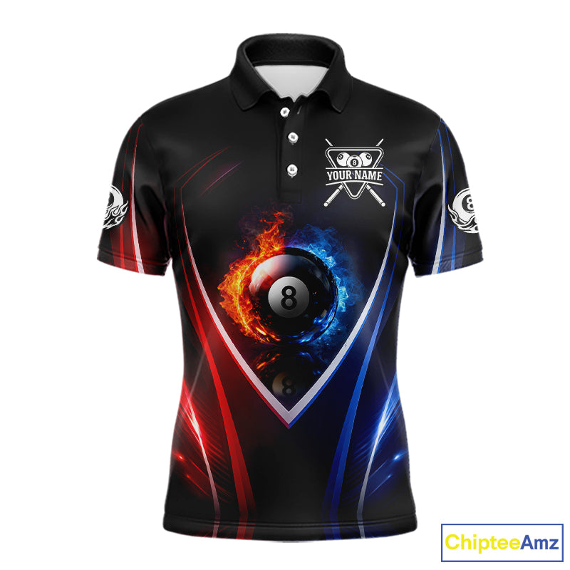 Blue And Red Flames 8 Ball Pool Men Polo & 1/4-Zip Team Shirts Custom Billiards Ball Apparel NYN2457