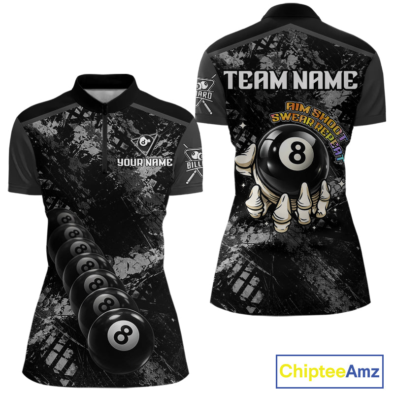 Aim Shoot Swear Repeat Holding 8 Ball Pool Women Billiard Team Shirt Custom Ball Billiards Apparel NYN2467