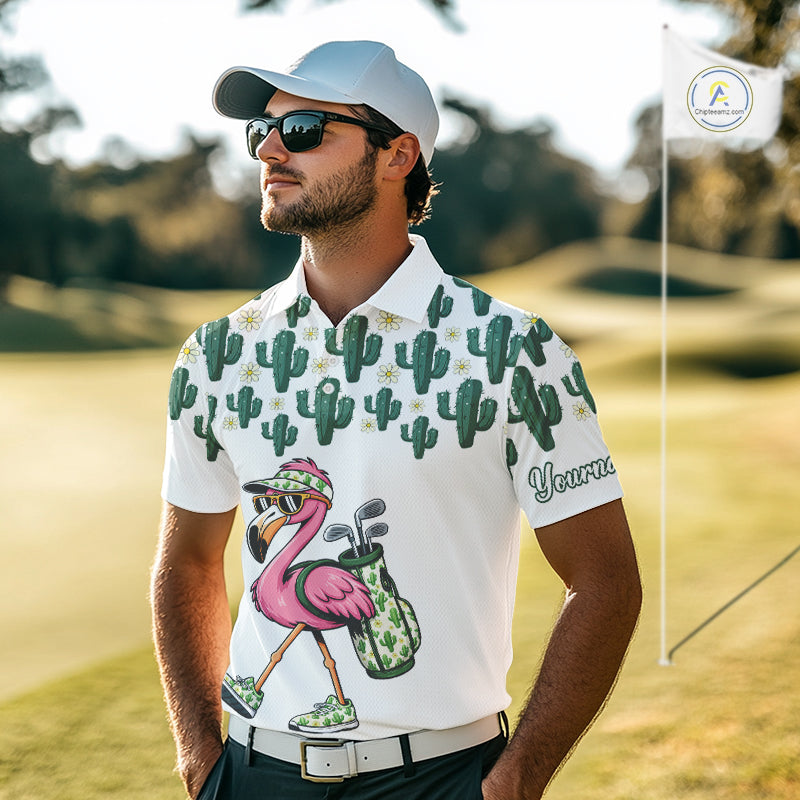 Personalized Green Cactus Flower Pattern Mens Golf Polo Shirts Custom Funny Flaming Golf Shirt NYN2837