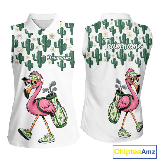 Personalized Green Cactus Flower Pattern Womens Golf Sleeveless Polo Shirts Custom Funny Flaming Golf Shirt NYN2837