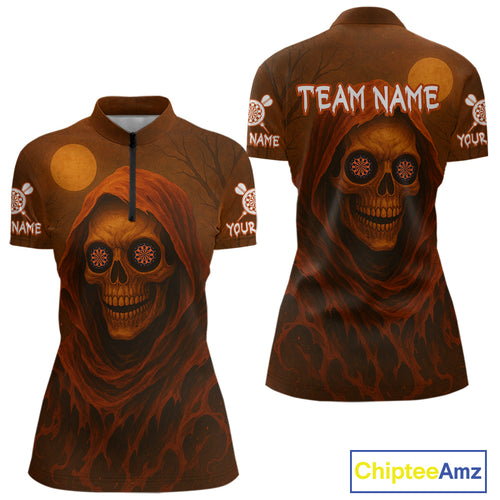 Custom Spooky Skull Dartboard Halloween Dart 1/4-Zip Jersey For Women Hallows’ Eve Dart Team Jerseys NYN1401