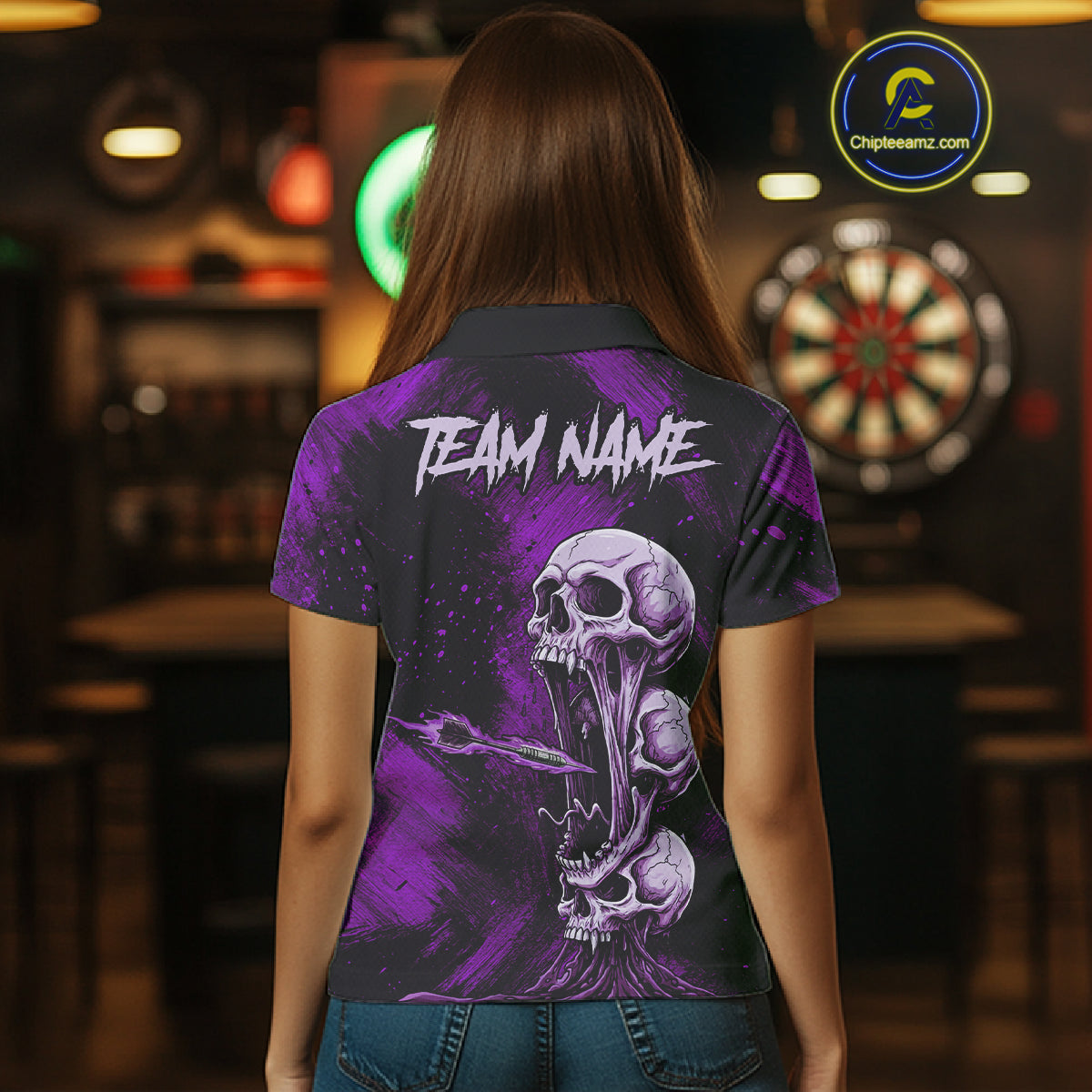 Custom Purple Grunge Creepy Skull Flame Dart Arrow Women Darts Polo Shirt Dart Jerseys NYN1940