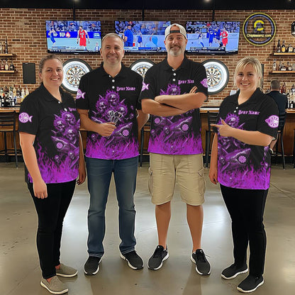 Custom Purple Flames Shark And Skull 3D Women Darts Polo League Shirts Funny Dart Jerseys NYN2205