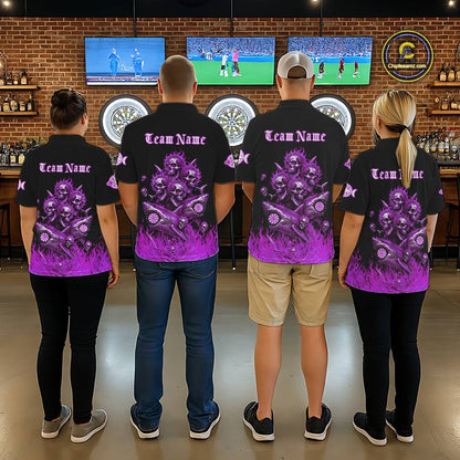 Custom Purple Flames Shark And Skull 3D Women Darts Polo League Shirts Funny Dart Jerseys NYN2205