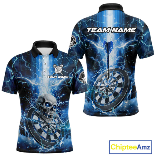 Custom Lightning Blue Skull Cracked Dartboard Dart Men Polo Jerseys Outfits Dart Shirt NYN1685