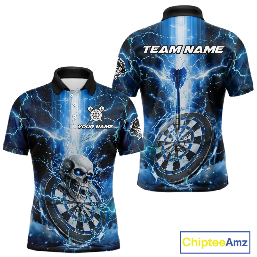 Custom Lightning Blue Skull Cracked Dartboard Dart Men Polo Jerseys Outfits Dart Shirt NYN1685