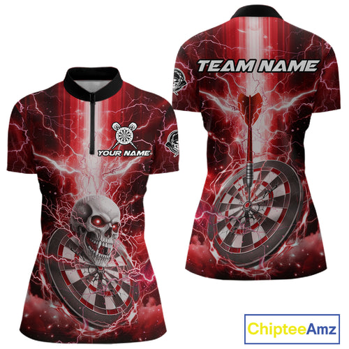 Custom Lightning Red Skull Cracked Dartboard Dart Women 1/4-Zip Jerseys Outfits Dart Shirt NYN1686