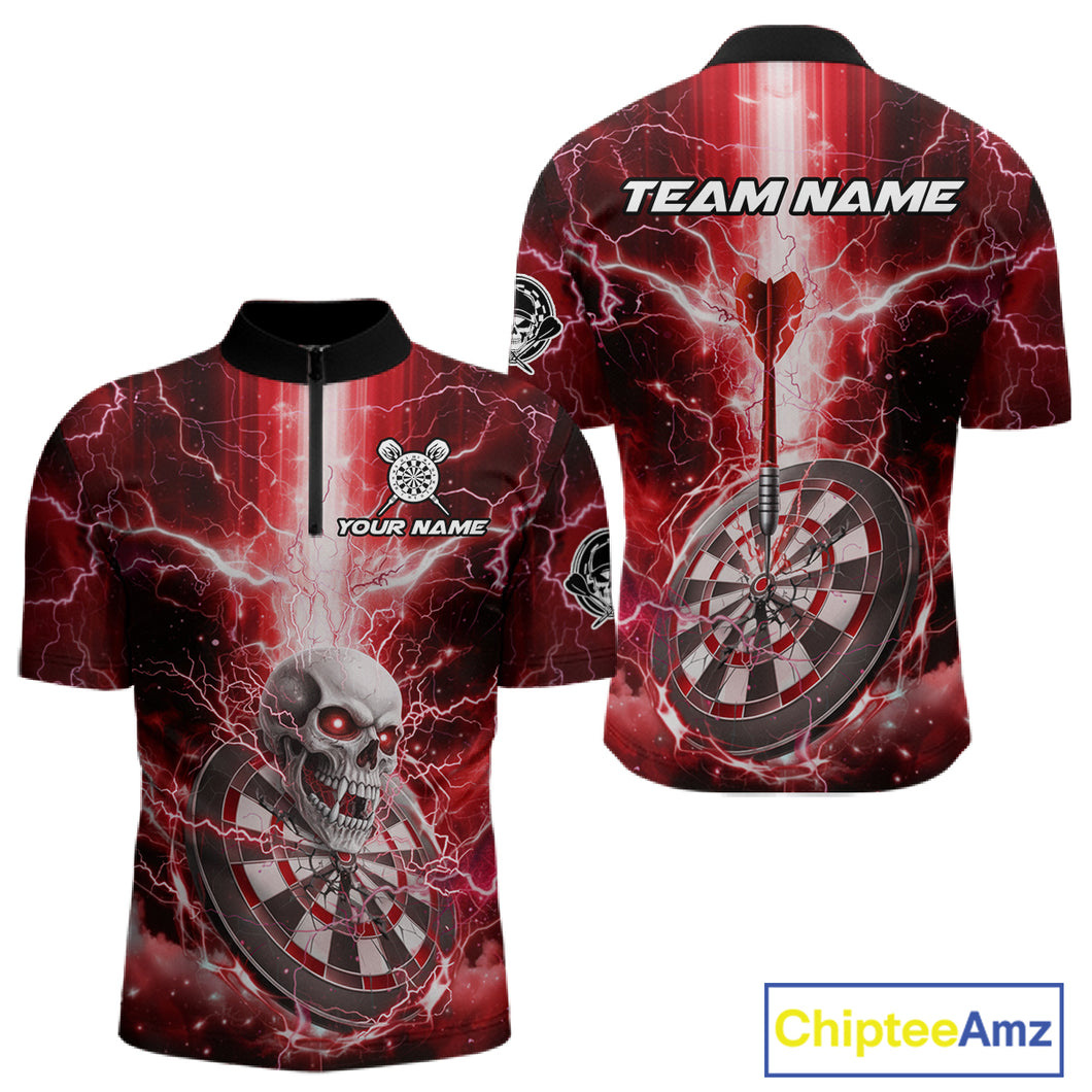 Custom Lightning Red Skull Cracked Dartboard Dart Men 1/4-Zip Jerseys Outfits Dart Shirt NYN1686