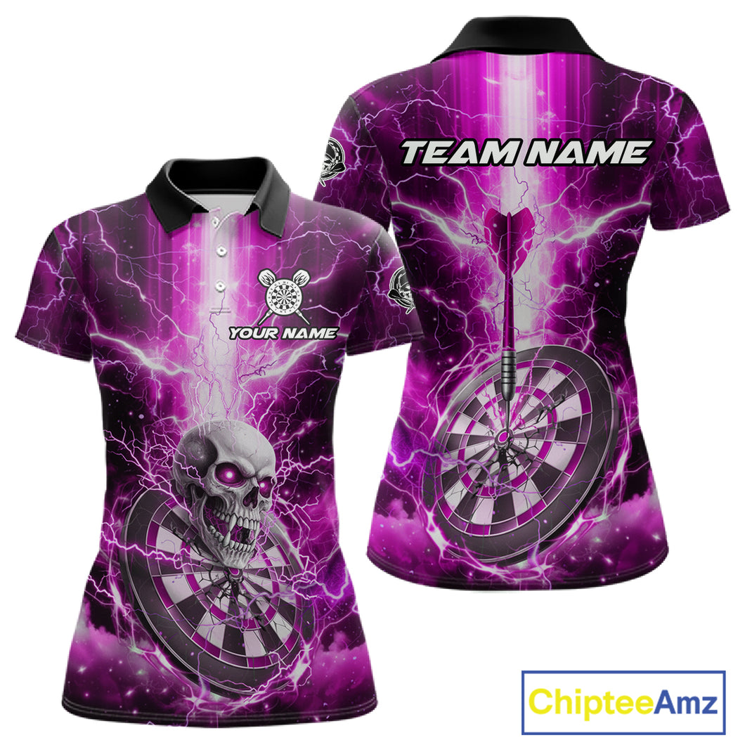 Custom Lightning Pink Skull Cracked Dartboard Dart Women Polo Jerseys Outfits Dart Shirt NYN1687