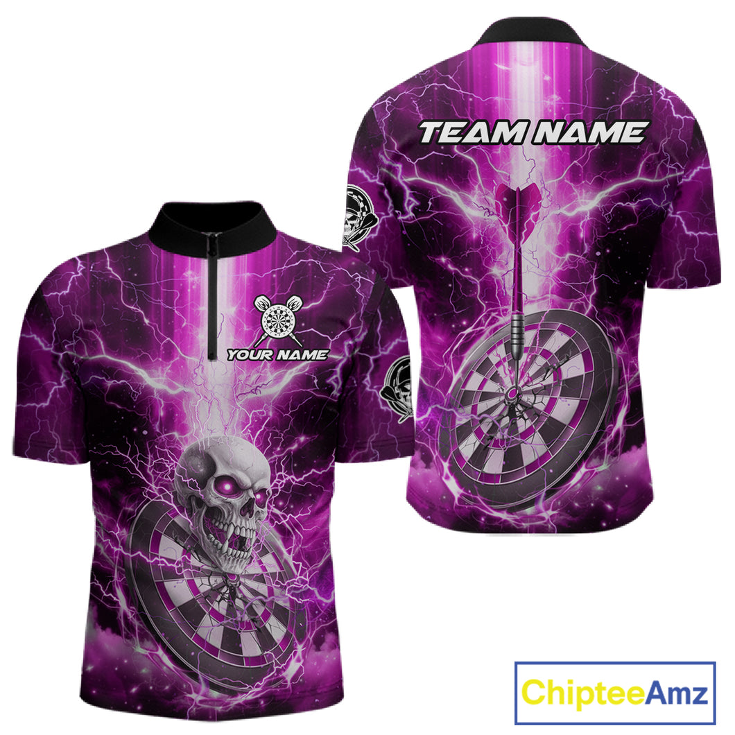 Custom Lightning Pink Skull Cracked Dartboard Dart Men 1/4-Zip Jerseys Outfits Dart Shirt NYN1687