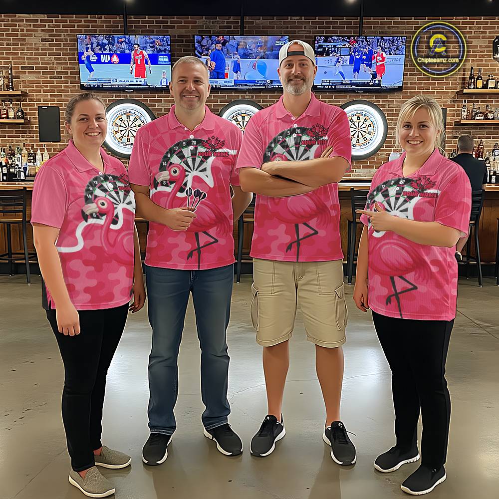 Custom Pink Flamingo Camouflage Dartboard Men Darts Polo League Shirts Funny Dart Jerseys NYN2206