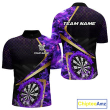 Load image into Gallery viewer, Custom Purple Flames Dragon Dartboard Halftone Dart Men 1/4-Zip Jerseys Gold Dart Team Shirt NYN1691