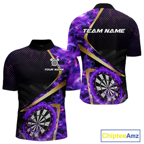 Custom Purple Flames Dragon Dartboard Halftone Dart Men 1/4-Zip Jerseys Gold Dart Team Shirt NYN1691