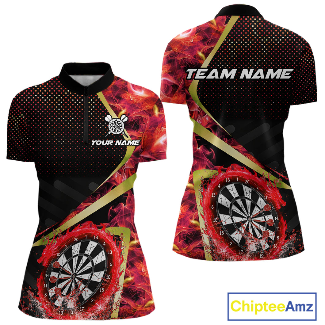 Custom Red Flames Dragon Dartboard Halftone Dart Women 1/4-Zip Jerseys Gold Dart Team Shirt NYN1692