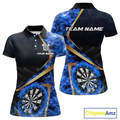Custom Blue Flames Dragon Dartboard Halftone Dart Women Polo Jerseys Gold Dart Team Shirt NYN1693