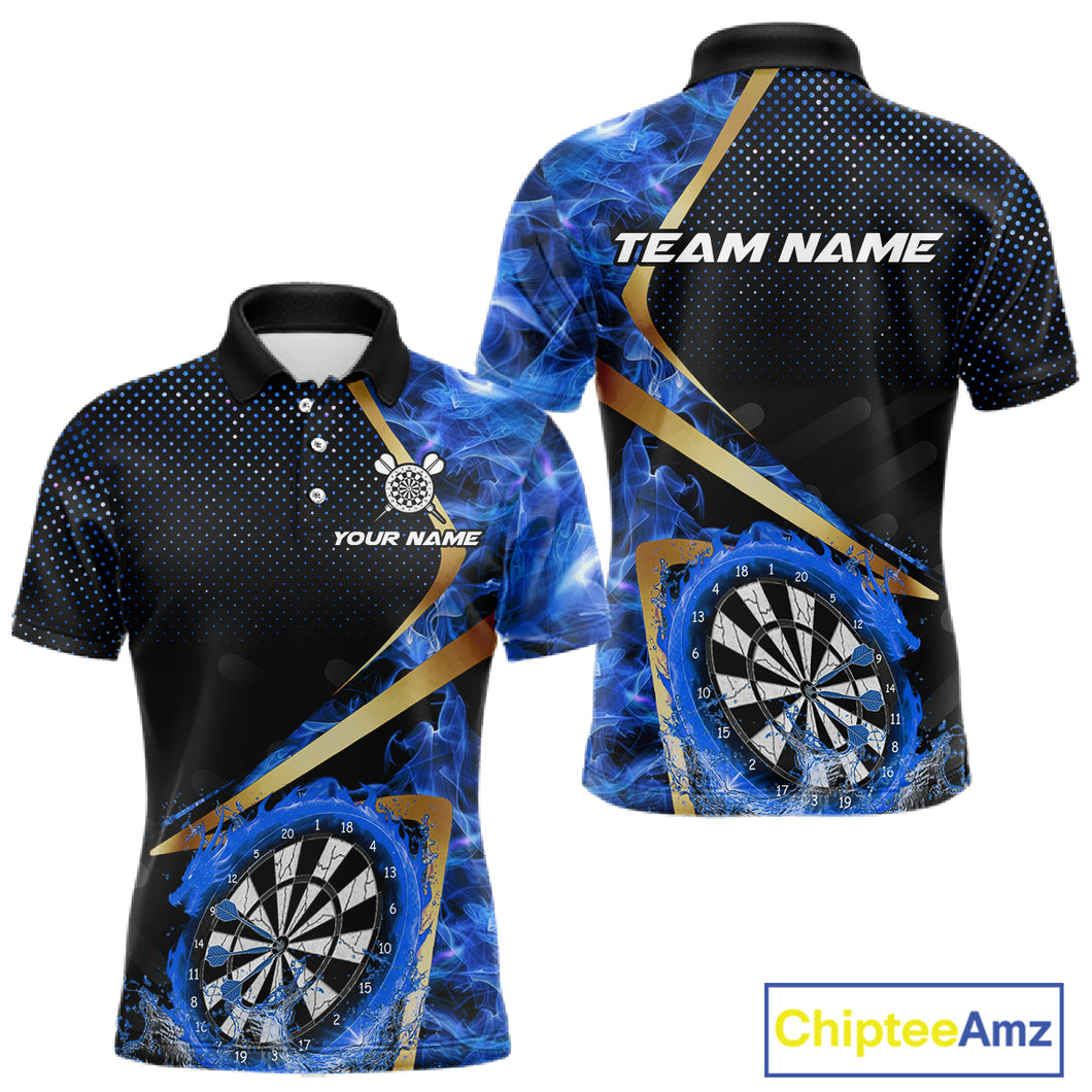 Custom Blue Flames Dragon Dartboard Halftone Dart Men Polo Jerseys Gold Dart Team Shirt NYN1693