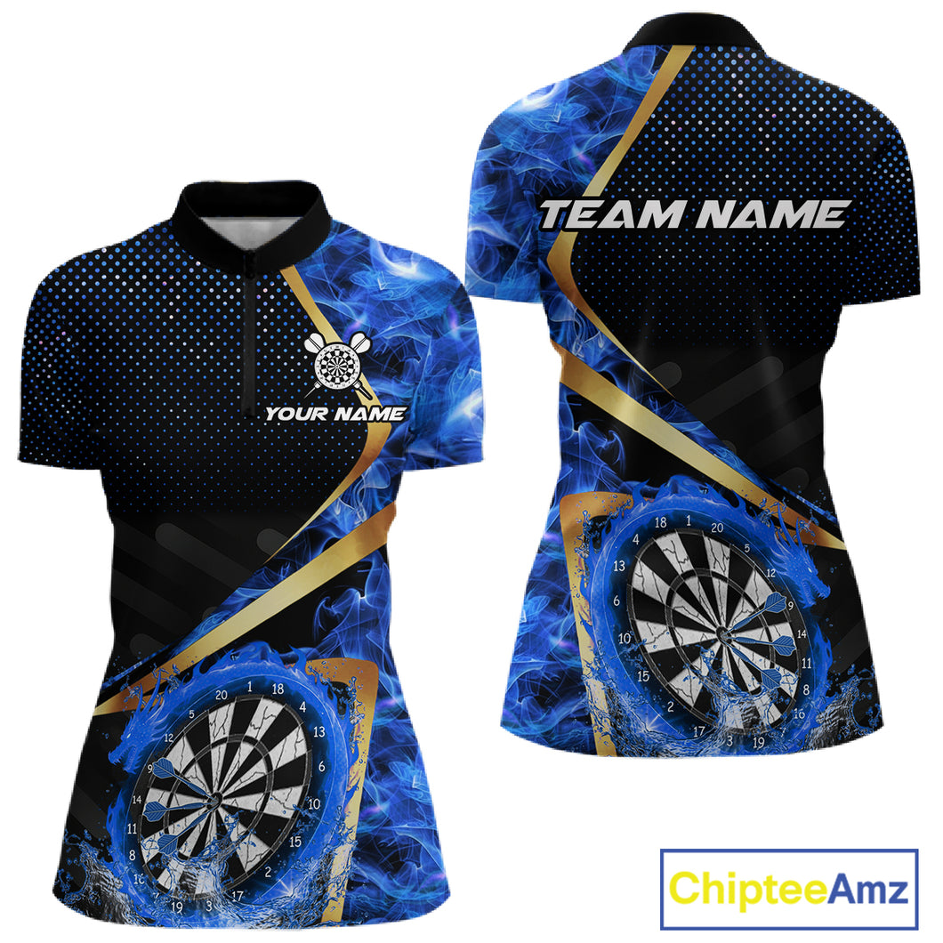 Custom Blue Flames Dragon Dartboard Halftone Dart Women 1/4-Zip Jerseys Gold Dart Team Shirt NYN1693
