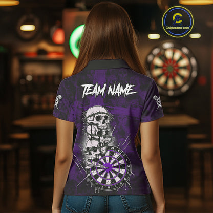 Custom Purple Grunge Barbed Wire Grey Skull Dartboard Men Darts Polo Shirt Dart Jerseys NYN1979