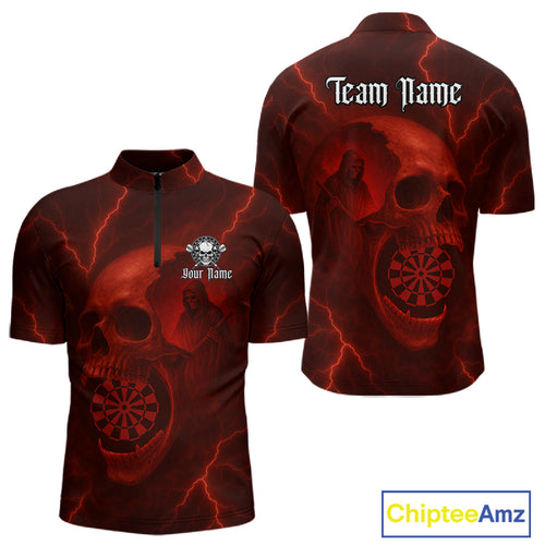 Custom Lightning Red Grim Reaper Dartboard Men Dart 1/4-Zip Shirt Skull Dart Team Jersey NYN1444