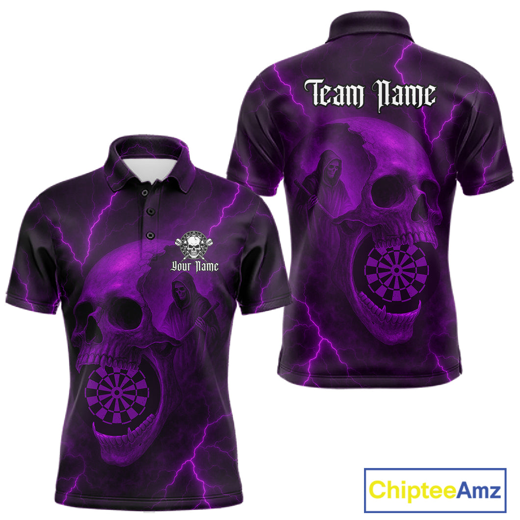 Custom Lightning Purple Grim Reaper Dartboard Men Dart Polo Shirt Skull Dart Team Jersey NYN1445