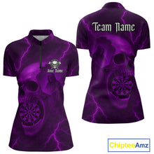 Load image into Gallery viewer, Custom Lightning Purple Grim Reaper Dartboard Women Dart 1/4-Zip Shirt Skull Dart Team Jersey NYN1445