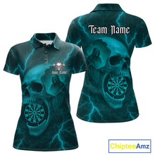 Load image into Gallery viewer, Custom Lightning Turquoise Grim Reaper Dartboard Women Dart Polo Shirt Skull Dart Team Jersey NYN1446