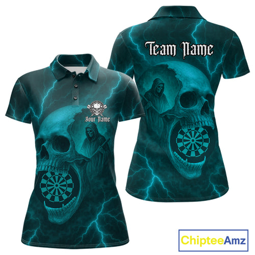 Custom Lightning Turquoise Grim Reaper Dartboard Women Dart Polo Shirt Skull Dart Team Jersey NYN1446