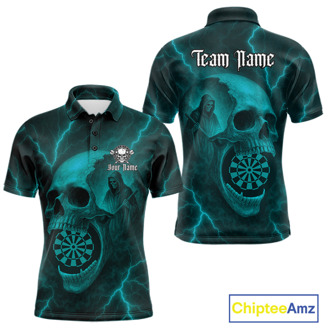 Custom Lightning Turquoise Grim Reaper Dartboard Men Dart Polo Shirt Skull Dart Team Jersey NYN1446