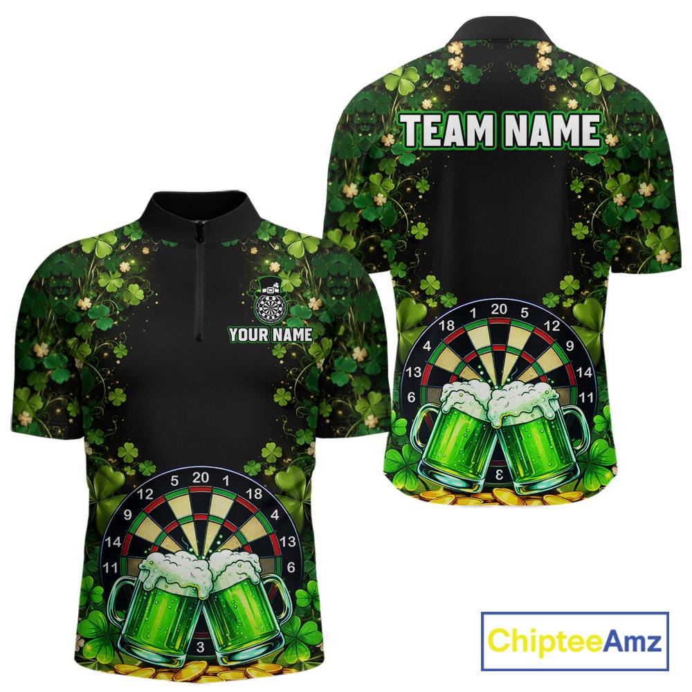 Cheer Beer & Play Dartboard Shamrock Men Darts Quarter-Zip Shirt Custom St Patrick's Day Darts Jersey NYN2534