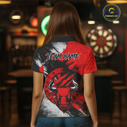 Custom Red Grunge Funny Bull Darts Polo & 1/4 Zip Shirt For Women Bull Darts Team Jerseys NYN2890