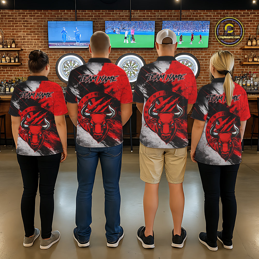 Custom Red Grunge Funny Bull Darts Polo & 1/4 Zip Shirt For Women Bull Darts Team Jerseys NYN2890