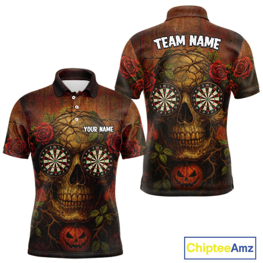 Custom Red Roses Skull Halloween Dart Polo Shirt For Men Grunge Dart Team Jersey NYN1474