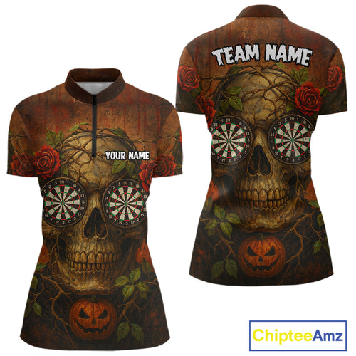 Custom Red Roses Skull Halloween Dart 1/4-Zip Shirt For Women Grunge Dart Team Jersey NYN1474