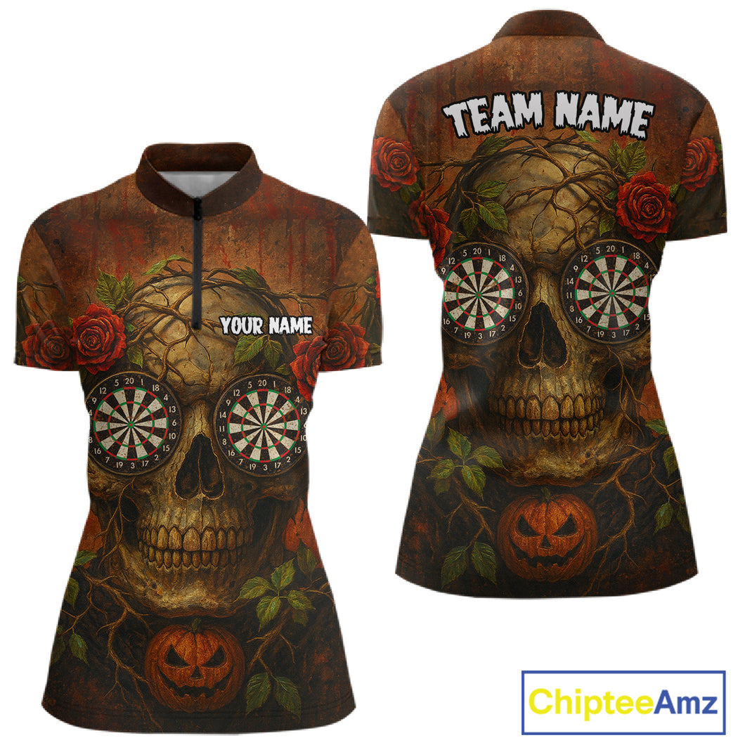 Custom Red Roses Skull Halloween Dart 1/4-Zip Shirt For Women Grunge Dart Team Jersey NYN1474