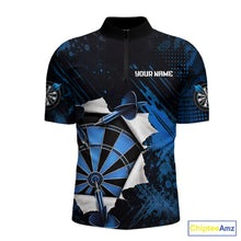 Load image into Gallery viewer, Custom Grunge Blue Torn Darts Polo &amp; Quarter-Zip For Men Blue Spatter Outfit Dart Team Jerseys NYN2903