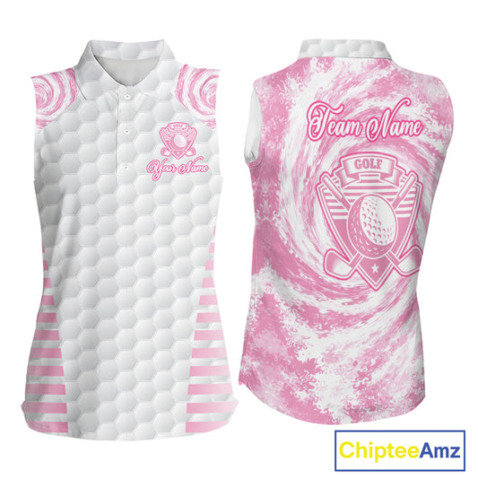 Womens Sleeveless Golf Polo Shirts Pink Tie Dye Pattern Custom White Golf Ball Golf Shirt For Ladies NYN2908